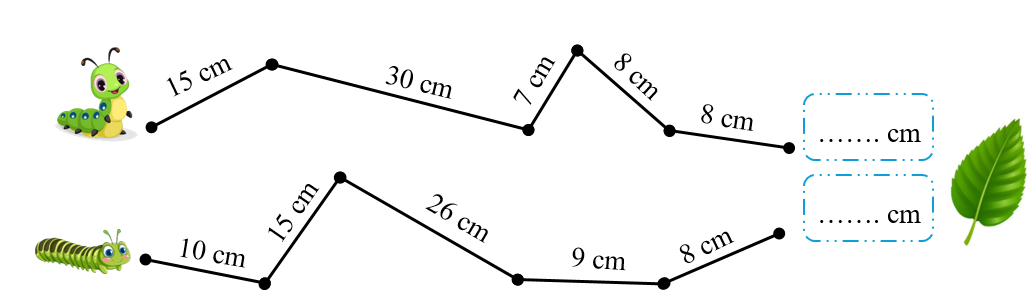Tính quãng đường của mỗi bạn sâu đi rồi điền vào chỗ chấm thích hợp: (ảnh 1)