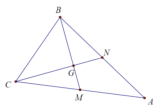 Tam giác ABC có hai đường trung tuyến BM,CN vuông góc với nhau và có BC = 6, góc BAC = 30 độ. Tính diện tích góc ABC (kết quả làm tròn đến hàng phần chục). (ảnh 1)