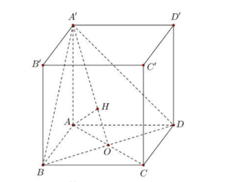 Cho hình lập phương ABCD.A'B'C'D' có cạnh bằng 1. Tính khoảng cách d từ điểm A đến mặt phẳng (BDA'). (ảnh 1)