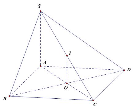 Cho hình chóp S.ABCD có đáy ABCD là hình vuông tâm O, SA vuông góc (ABCD). Gọi I là trung điểm của SC. Khoảng cách từ I đến mặt phẳng (ABCD) bằng độ dài đoạn thẳng nào? (ảnh 1)