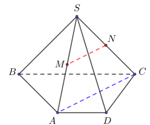 Cho hình chóp tứ giác S.ABCD. Gọi M và N lần lượt là trung điểm của SA và SC (ảnh 1)