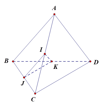 Cho tứ diện ABCD. Gọi I,J,K lần lượt là trung điểm của AC,BC và BD. Giao tuyến của hai mặt phẳng (IJK) và (ABD) là đường thẳng (ảnh 1)