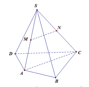 Cho hình chóp tứ giác S.ABCD. Gọi M,\(N lần lượt là trung điểm của SA và SC (ảnh 1)