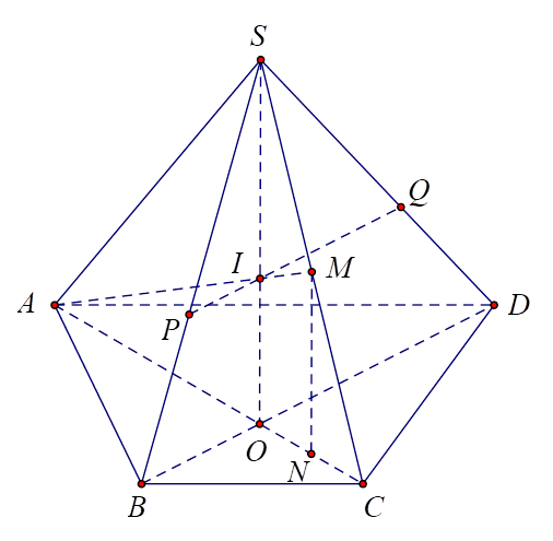 Cho hình chóp S.ABCD có đáy ABCD là hình thang cân, AD//BC, AD = 2BC. Gọi O là giao điểm của hai đường chéo AC và BD,  điểm M là trung điểm của đoạn thẳng SC. (ảnh 1)