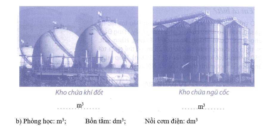 a) Ghi các đơn vị đo thể tích m3, dm3, cm3 phù hợp vào chỗ chấm dưới mỗi vật sau: (ảnh 1)