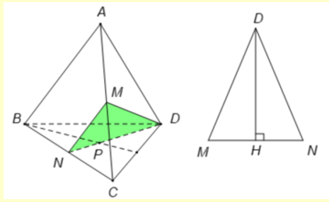 Cho tứ diện đều ABCD có độ dài các cạnh bằng 2a. Gọi M,N lần lượt là trung điểm các cạnh AC,BC (ảnh 1)