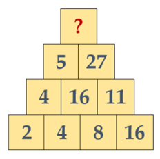 A pyramid of blocks with numbers and a question mark
Description automatically generated