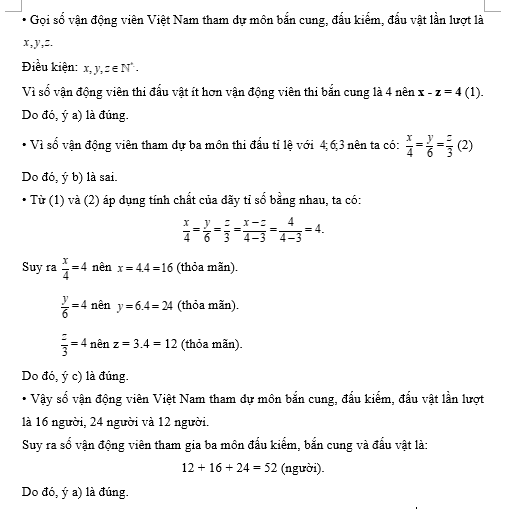 Đoàn thể thao Việt Nam tham gia thi đấu 43 môn tại Seagames 30, trong đó có bắn cung, đấu kiếm và đấu vật. Biết rằng số vận động viên tham dự ba môn thi đấu trên tỉ lệ với   (ảnh 1)