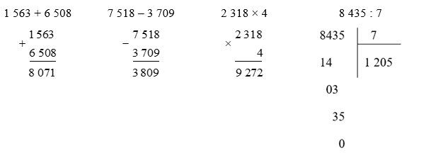 Đặt tính rồi tính. (2 điểm)  1 563 + 6 508 (ảnh 1)