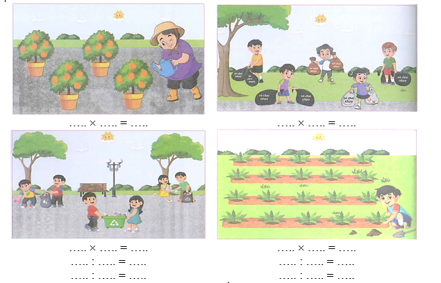 Viết phép nhân, phép chia thích hợp với mỗi tranh vẽ: (2 điểm) (ảnh 1)