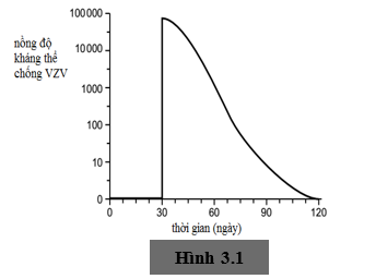 3.1 Thủy đậu là một loại bệnh có mức truyền nhiễm cao gây ra bởi virus Varicella zoster (VZV). Nồng độ kháng thể chống VZV trong máu của một người trong vòng 120 ngày được thể hiện trong Hình 3.1. Nồng độ kháng thể có sự thay đổi rõ rệt trong ngày thứ 30. (ảnh 1)