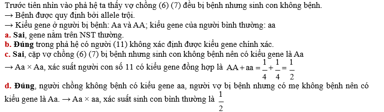 Sơ đồ phả hệ bên mô tả sự di truyền một bệnh ở người, bệnh do một gene có 2 allele quy định. Xét các phát biểu sau đây là đúng hay sai? (ảnh 2)
