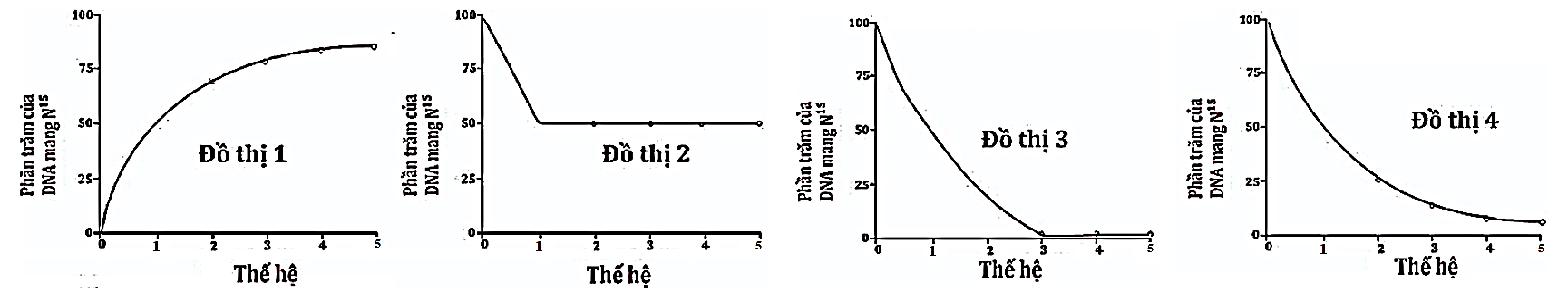 Đồ thị bên mô tả quá trình nhân đôi của phân tử DNA mang đồng vị phóng xạ 15N sau đó chuyển sang nuôi cấy trong 4 thế hệ trong môi trường 14N.  (ảnh 1)