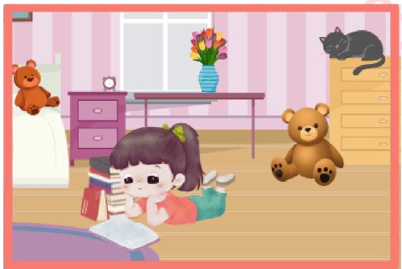 Những danh từ chỉ vật nào có trong bức tranh sau?   a/ quạt, chảo, bát, đũa				b/ tủ lạnh, điều hoà, cốc, thìa c/ gối, rèm, ti vi, máy tính				d/ sách, tủ, bàn, gấu bông (ảnh 1)