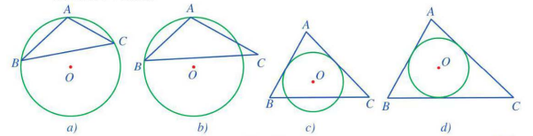 Cho h&igrave;nh vẽ sau :   a) H&igrave;nh n&agrave;o c&oacute; đường tr&ograve;n \[\left( O \right)\]ngoại tiếp tam gi&aacute;c \[ABC\]? Giải th&iacute;ch ? b) H&igrave;nh n&agrave;o c&oacute; đường tr&ograve;n \[\left( O \right)\]nội tiếp tam gi&aacute;c\[ABC\]? Giải th&iacute;ch ? (ảnh 1)