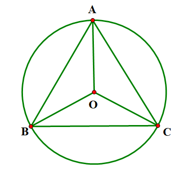 Cho tam giác đều \(ABC\)nội tiếp đường tròn \(\left( O \right)\). Hãy chỉ ra các phép quay biến tam giác thành chính nó. (ảnh 1)