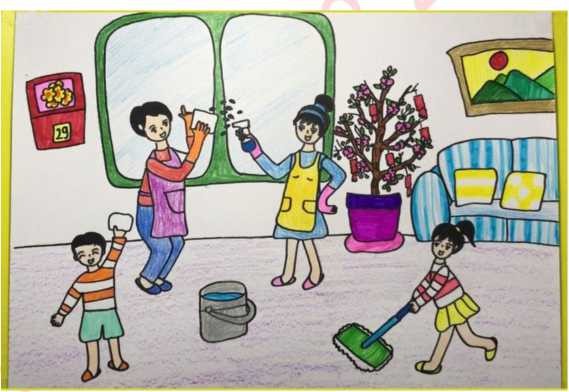 Quan sát bức tranh sau và chọn câu không có từ chỉ đặc điểm. A/ Chị đang lau nhà. B/ Tạp dề của mẹ màu vàng tưoi. C/ Chiếc chổi lau nhà màu xanh. D/ Mọi người rất vui vẻ. (ảnh 1)