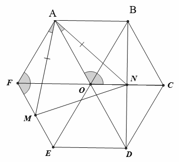 Bài 5.	Cho lục giác đều \[ABCDEF\]. Gọi \[M\] là trung điểm của \[EF\], \[N\] là trung điểm của \[BD\]. Chứng minh rằng \[AMN\] là tam giác đều. (ảnh 1)