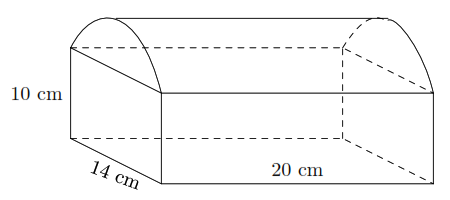 Một vật thể hình học có hình vẽ như hình bên. Phần trên là một nửa hình trụ, phần dưới là một hình hộp chữ nhật. Với các kích thước cho như hình vẽ. Vật thể này chứa tối đa bao nhiêu lít nước? (ảnh 1)