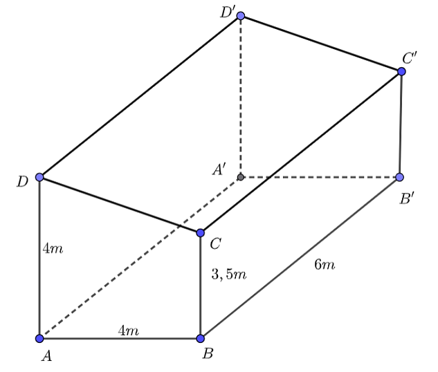 Một ng&ocirc;i nh&agrave; h&igrave;nh lăng trụ đứng \(ABCD \cdot A'B'C'D'\) c&oacute; đ&aacute;y \(ABCD\) l&agrave; h&igrave;nh thang vu&ocirc;ng tại \(A\) v&agrave; \(B\). \(AB = AD = 4\,\,(\;{\rm{m}});BC = 3,5\,\,(\;{\rm{m}});BB' = 6\ (ảnh 1)