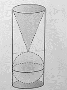 Trên bàn có một cốc nước hình trụ chứa đầy nước có chiều cao bằng \(3\)lần đường kính của đáy; một viên bi và một hình nón đều bằng thủy tinh. Biết viên bi là một khối cầu có đường kính bằng của cốc nước. (ảnh 1)