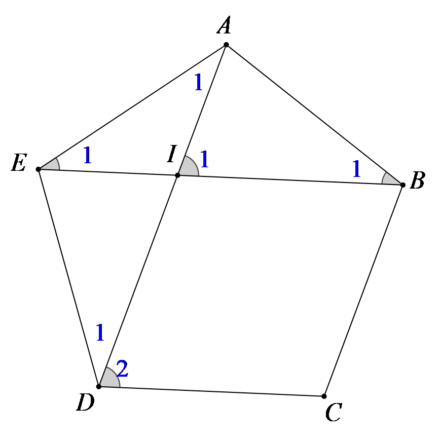 Cho ngũ giác đều \(ABCDE\). Gọi \(I\) là giao diểm của \(AD\) và \(BE\). Chứng minh rằng   a)  \(DIBC\) là hình bình hành; (ảnh 1)