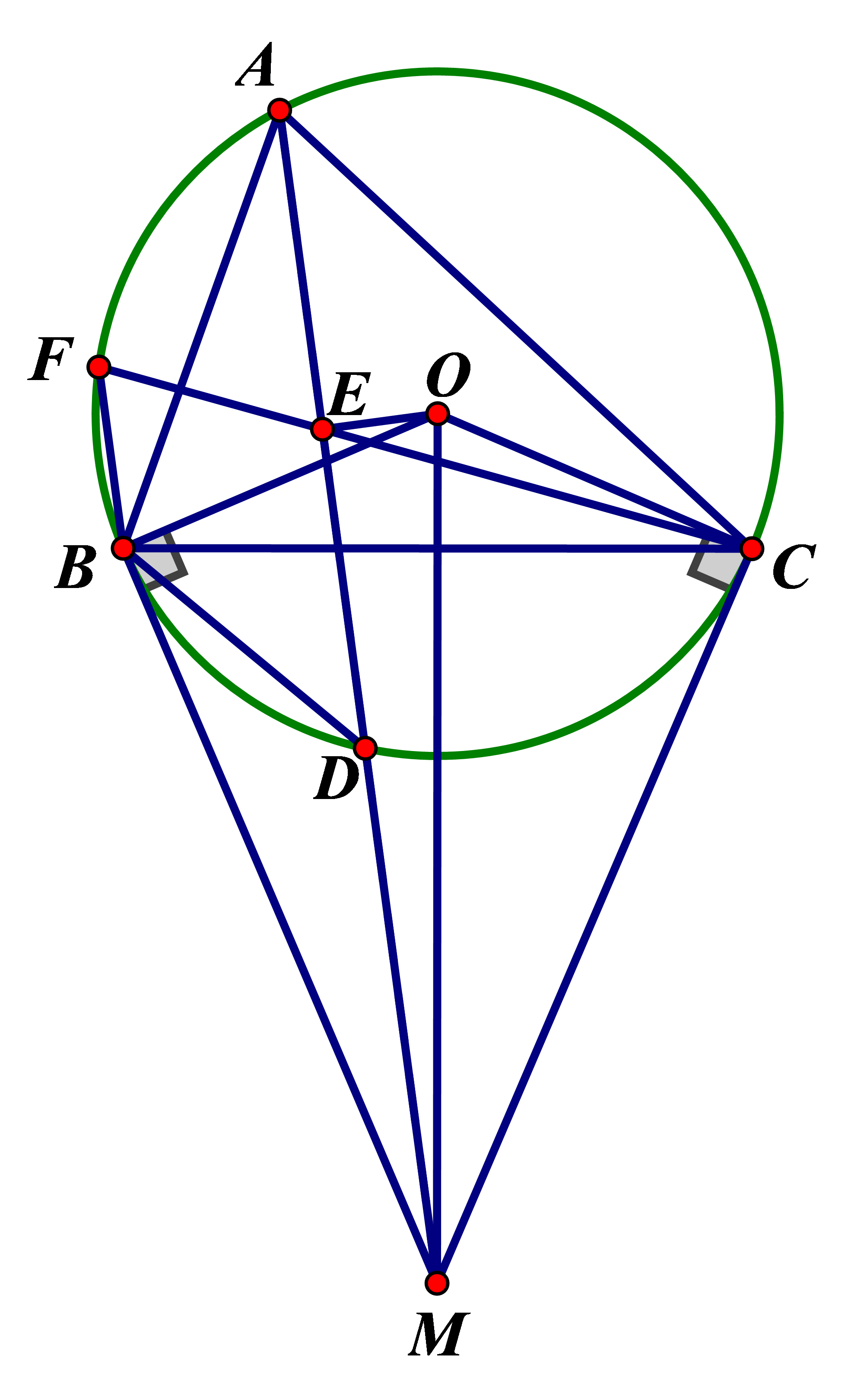Cho tam giác nhọn ABC ( AB < AC) nội tiếp đường tròn tâm O. Hai tiếp tuyến tại B và C của đường tròn (O) cắt nhau tại M, tia AM cắt đường tròn (O) tại điểm D. (ảnh 1)