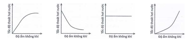 Biểu đồ số mấy thể hiện đúng nhất mối quan hệ giữa tốc độ thoát hơi nước của thực vật với độ ẩm của không khí? (ảnh 1)