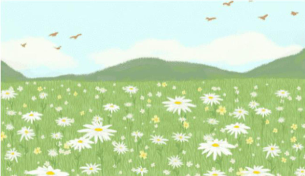 Chọn từ chỉ đặc điểm thích hợp để hoàn thành câu văn miêu tả bức tranh sau:   Dưới đồng cỏ ....................những bông hoa ....................đang đua nở, còn trên bầu trời những chú én ....................đang chao liệng. (ảnh 1)