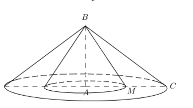 Cho tam gi&aacute;c \(ABC\) vu&ocirc;ng tại \(A\), cạnh \(AB = 6\), \(AC = 8\) v&agrave; \(M\)l&agrave; trung điểm của cạnh \(AC\). T&iacute;nh thể t&iacute;ch của hình nón thu được do tam gi&aacute;c \(BMC\) quanh quanh \(AB\). (ảnh 1)