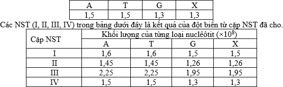 Cho biết khối lượng của từng loại nucl&ecirc;&ocirc;tit của một cặp NST (đơn vị t&iacute;nh: 108 đvC) ghi trong bảng sau: (ảnh 1)