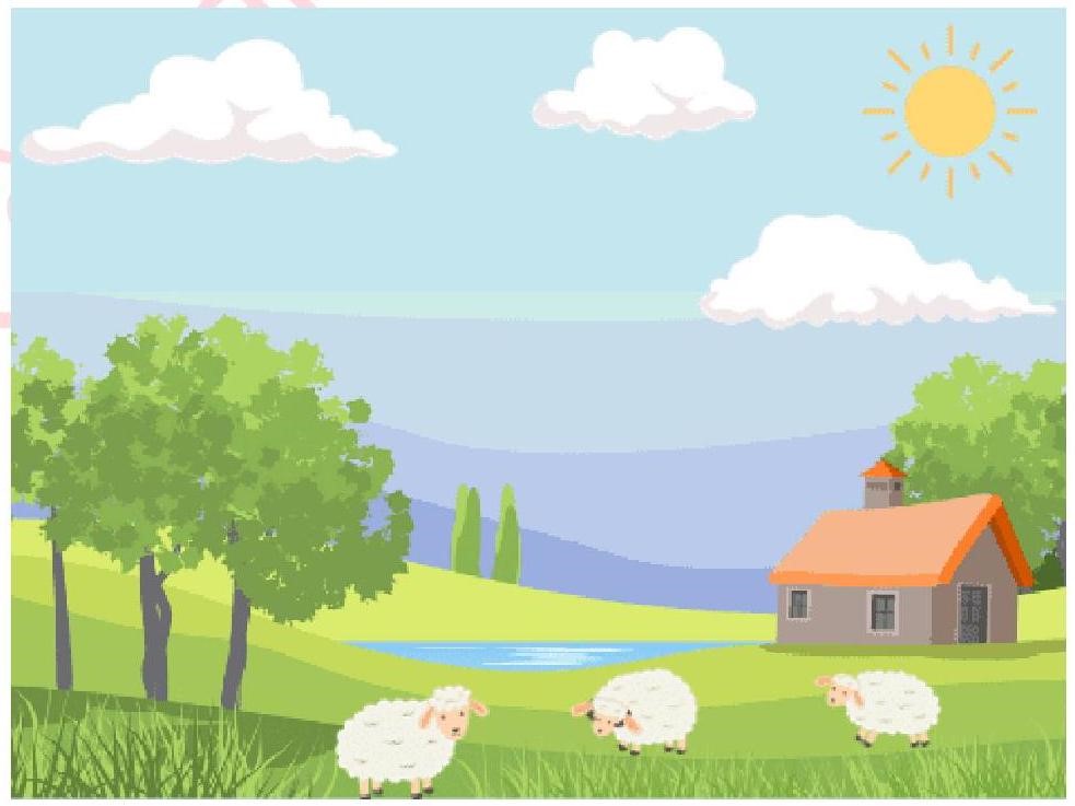 Chọn từ chỉ đặc điểm thích hợp để hoàn thành câu văn miêu tả bức tranh sau:   Trên bầu trời, những đám mây trắng ... trôi, dưới thảo nguyên ..., đàn cừu đủng đỉnh gặm cỏ. (ảnh 1)