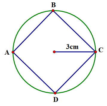 Một h&igrave;nh c&oacute; hoa văn gồm: h&igrave;nh vu&ocirc;ng \(ABCD\) c&oacute; bốn đỉnh nằm tr&ecirc;n h&igrave;nh tr&ograve;n t&acirc;m \(O\), b&aacute;n k&iacute;nh 3 cm. T&igrave;m tỉ số phần trăm của diện t&iacute;ch h&igrave;nh tr&ograve;n v&agrave; diện t&iacute;ch h&igrave;nh vu&ocirc;ng đ&oacute;. (ảnh 2)