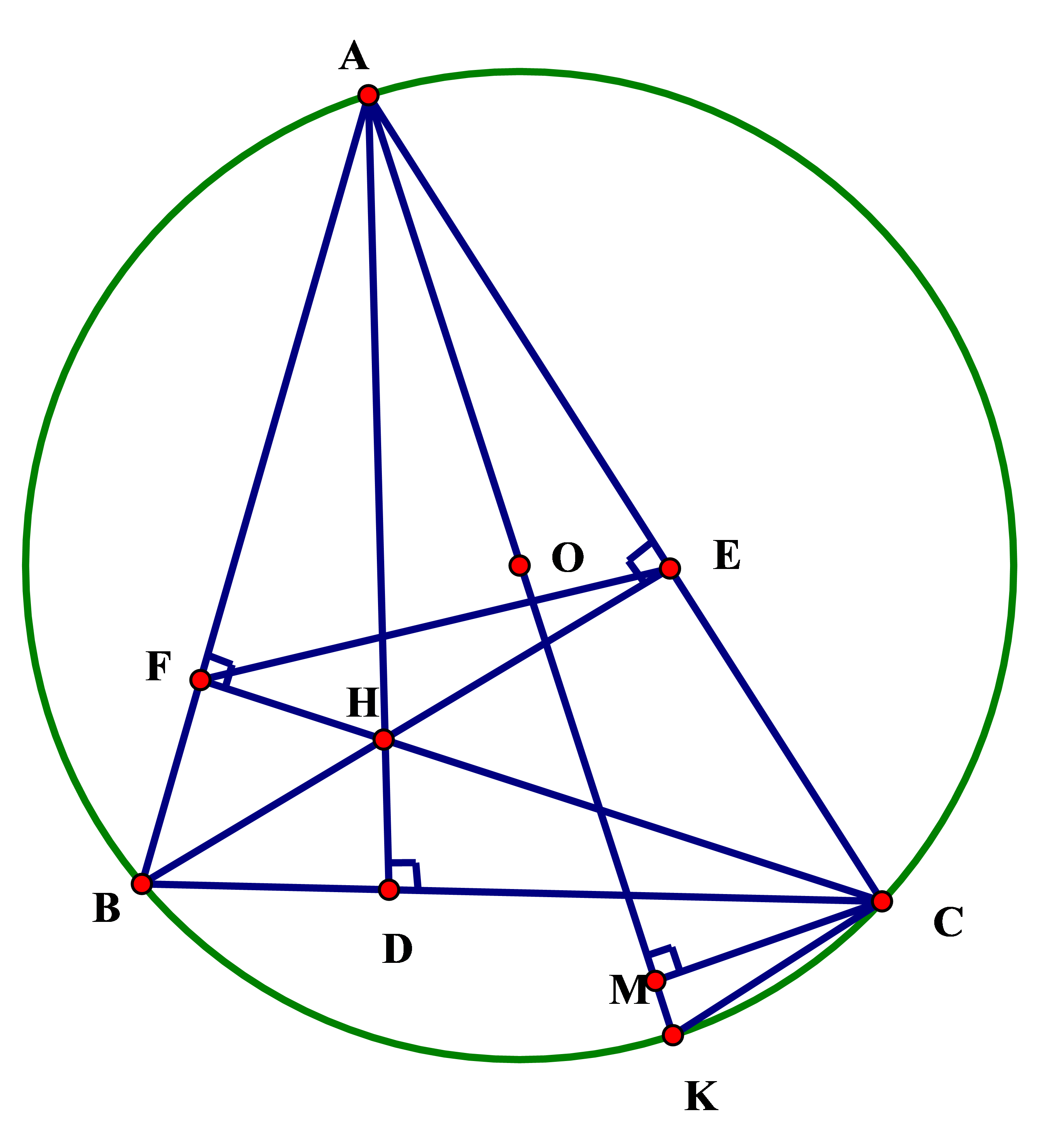 Cho tam gíác \(ABC\) nhọn, nội tiếp đường tr (ảnh 1)