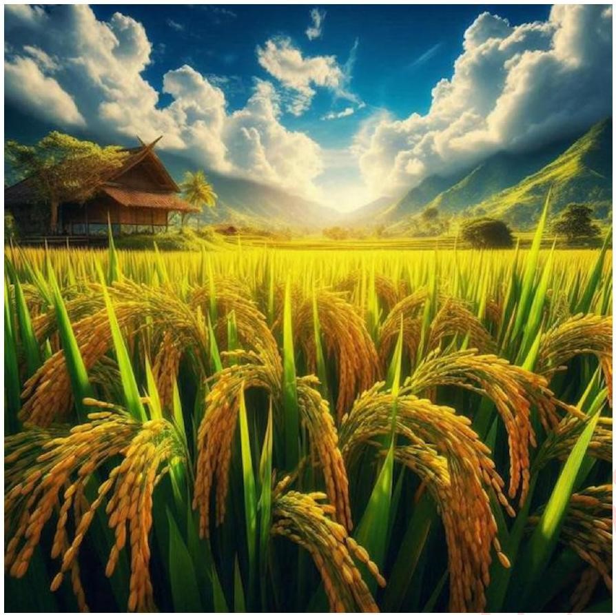 Chọn đáp án thích hợp để hoàn thành Câu sử dụng biện pháp so sánh mô tả hình ảnh sau:   Những bông lúa chín [...]. (ảnh 1)