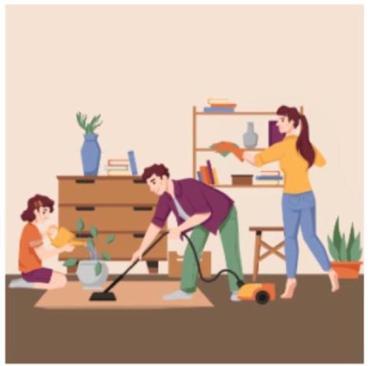 Những hoạt động nào có trong bức tranh sau?   a/ tỉa cành, cất đồ, bày biện			b/ trồng hoa, giặt giũ, nấu nướng c/ trồng cây, rửa bát, quét nhà		d/ hút bụi, tưới cây, lau chùi (ảnh 1)