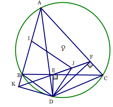 Cho tam giác ABC có ba góc nhọn nội tiếp đường tròn (O), (AB < AC). Gọi D là điểm trên cung nhỏ BC sao cho DB < DC. Từ D kẻ DE vuông góc với BC ( E thuộc BC), kẻ DF vuông góc với AC (F thuộc AC). Đường thẳng EF cắt tia AB tại K. (ảnh 1)