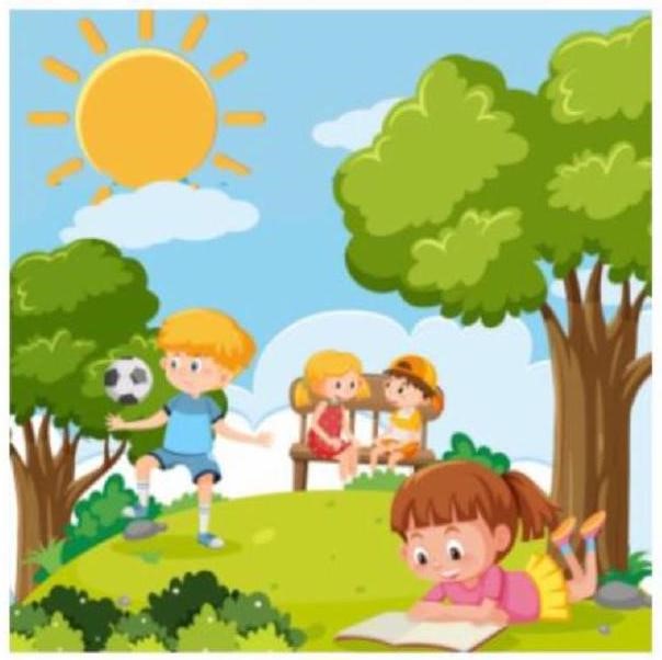 Những hoạt động nào có trong bức tranh sau?   a/ chụp ảnh, xem phim, sửa chữa		b/ nhảy múa, lướt ván, đạp xe c/ tâng bóng, đọc sách, trò chuyện		d/ tâng cầu, vẽ tranh, thả diều (ảnh 1)