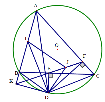 Cho tam giác ABC có ba góc nhọn nội tiếp đường tròn (O), (AB < AC). Gọi D là điểm trên cung nhỏ BC sao cho DB < DC. Từ D kẻ DE vuông góc với BC ( E thuộc BC), kẻ DF vuông góc với AC (F thuộc AC). Đường thẳng EF cắt tia AB tại K. (ảnh 2)