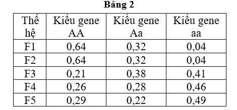 Nghiên cứu sự thay đổi thành phần kiểu gene của quần thể qua 5 thế hệ liên tiếp thu được kết quả ở bảng dưới đây. Quần thể đang chịu tác động của những nhân tố tiến hóa nào sau đây? (ảnh 1)