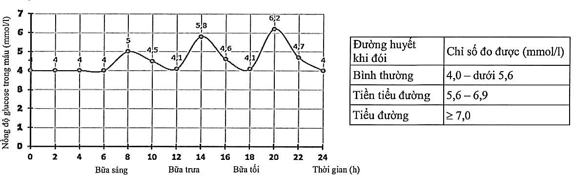 Đo chỉ số đường huyết của một người, thu được kết quả thể hiện qua đồ thị sau: (ảnh 1)