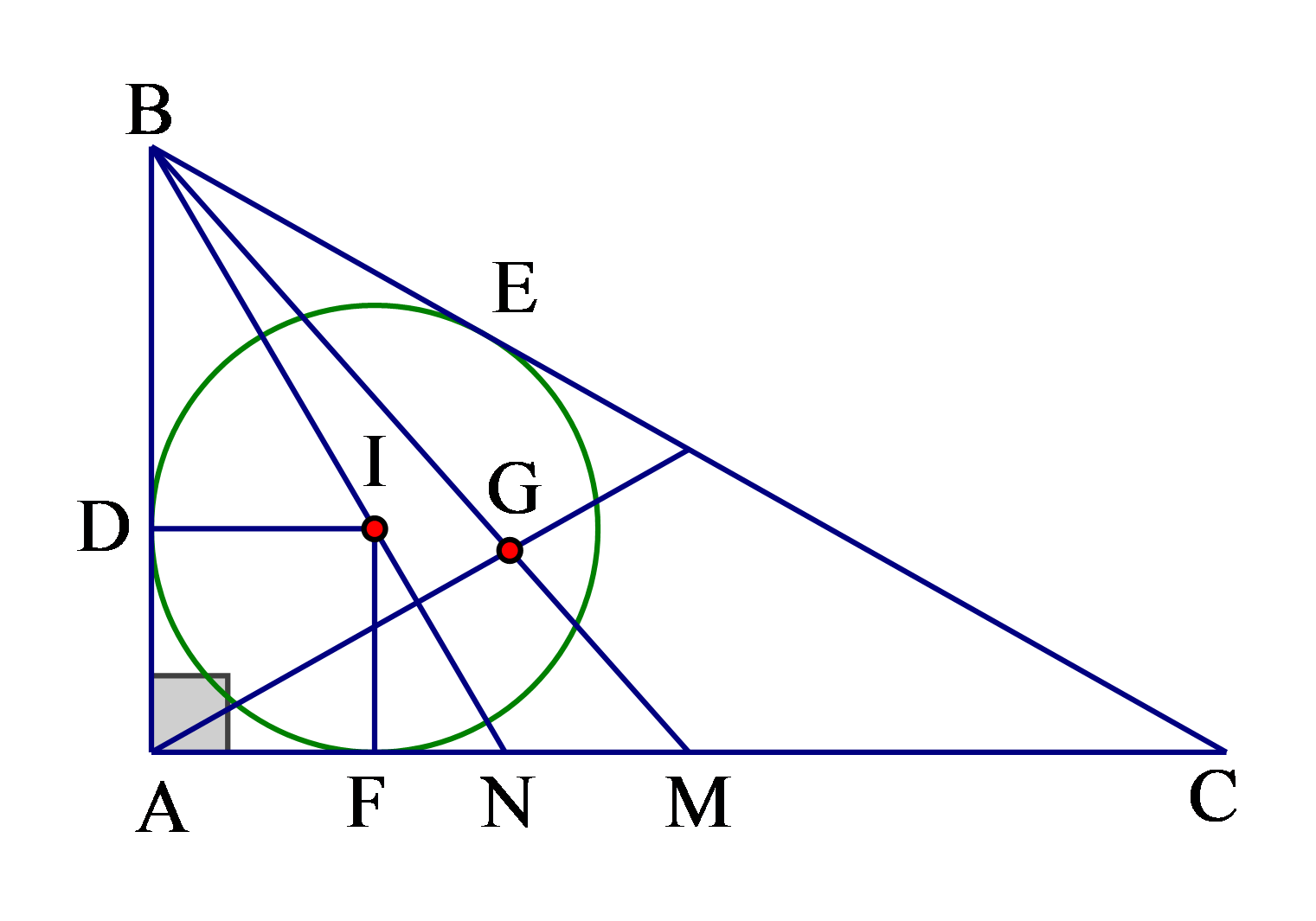 Cho \[\Delta ABC\] vuông tại \[A\], có \[AB = 9cm,AC = 12cm\]. Gọi \[I\] là tâm đường tròn nội tiếp, \[G\] là trọng tâm của tam giác. Tính độ dài \[IG\] (ảnh 1)