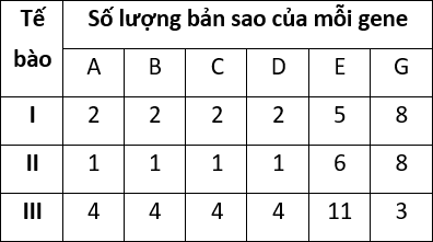 Xét 6 gene A, B, C, D, E, G ở một loài thực vật lưỡng bội. Nghiên cứu số lượng bản sao của các gene ở các tế bào trên cùng một cơ thể bình thường, người ta đếm được số liệu thể hiện trong bảng bên. (ảnh 1)