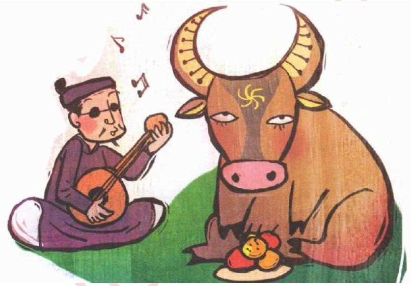 Bức tranh dưới đây gợi nhắc đến thành ngữ, tục ngữ nào?   A. Đàn gảy tai trâu		B. Đánh đàn trâu nghe	C. Thầy bói xem voi		D. Thầy bói xem trâu (ảnh 1)