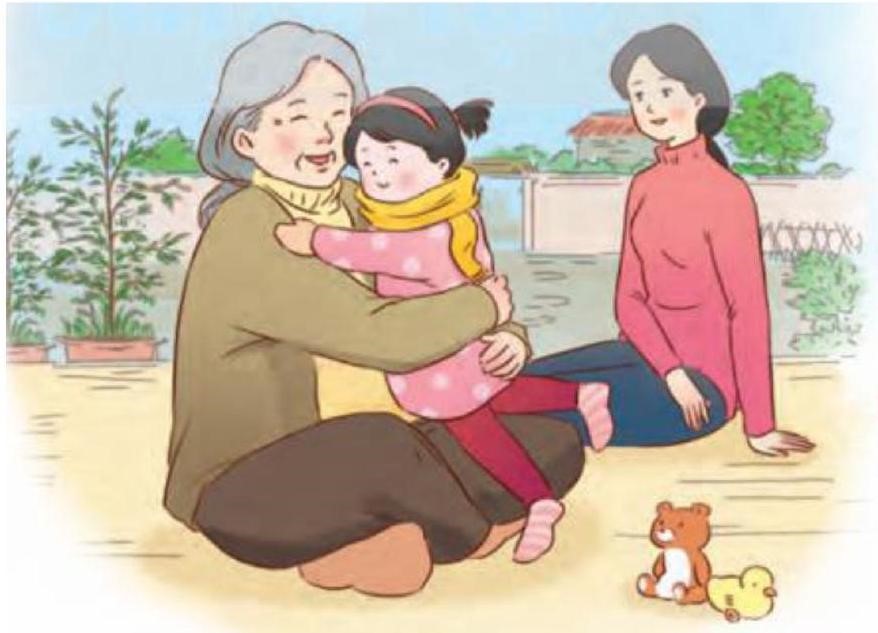 Em hãy chọn đáp án có các từ chỉ hoạt động trong bức tranh sau:    a/ chạy, đi, hát				b/ cười, ôm, ngồi c/ nằm, đi, viết				d/ chạy, viết, tô (ảnh 1)