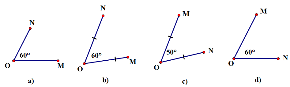 Trong các hình dưới đây, hình nào vẽ hai điểm \(M\) và \(N\) thoả mãn phép quay thuận chiều 60 độ tâm O biến điểm \(M\) thành điểm \(N\)? (ảnh 1)