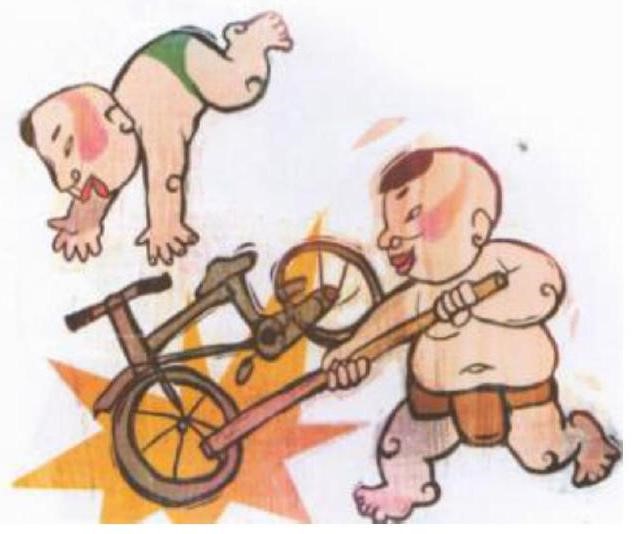 Bức tranh dưới đây gợi nhắc đến thành ngữ, tục ngữ nào?   A. Chọc gậy bánh xe.					B. Chọc gậy ngã xe.		 C. Anh ngã em nâng	.					D. Chọc gậy đánh nhau. (ảnh 1)