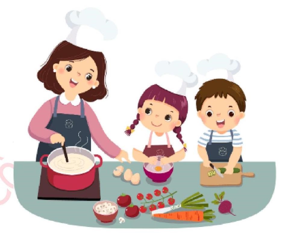 Chọn từ chỉ hoạt động thích hợp để điền vào chỗ trống để hoàn thành câu văn miêu tả bức tranh sau:   Trong bếp, Nam đang (1)... dưa chuột, em Na thì (2)... trứng vào bát còn mẹ thì (3)... món canh thơm phức. (ảnh 1)