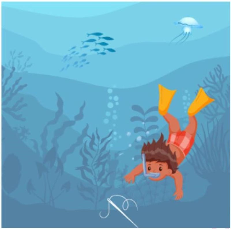 Hình ảnh dưới đây gợi nhắc đến thành ngữ nào?   A. Lên thác xuống ghềnh					B. Mò kim đáy bể C. Chim sa cá lặn						D. Rừng vàng biển bạc (ảnh 1)