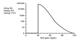 Thủy đậu là một loại bệnh có mức truyền nhiễm cao gây ra bởi virus varicella-zoster (VZV). Nồng độ kháng thể chống VZV trong máu của một người trong vòng 120 ngày được thể hiện trong Hình bên.  (ảnh 1)